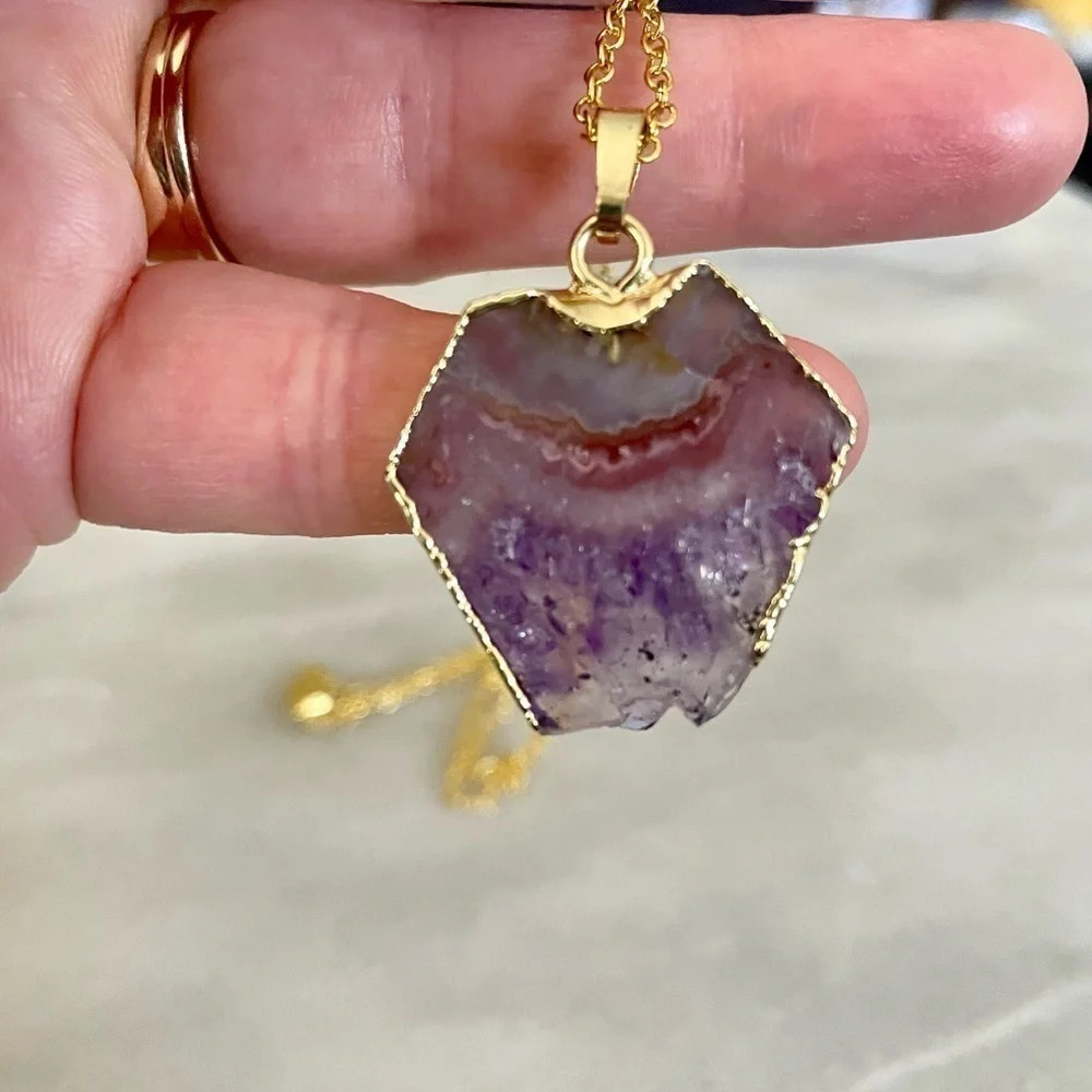 Hexagonal Amethyst Slice Pendant Necklace - Picture 5 of 9